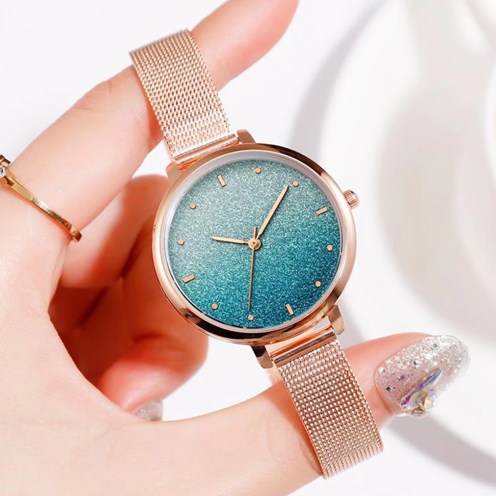 Женские часы с голубым звездным небом повседневные наручные розовым браслетом