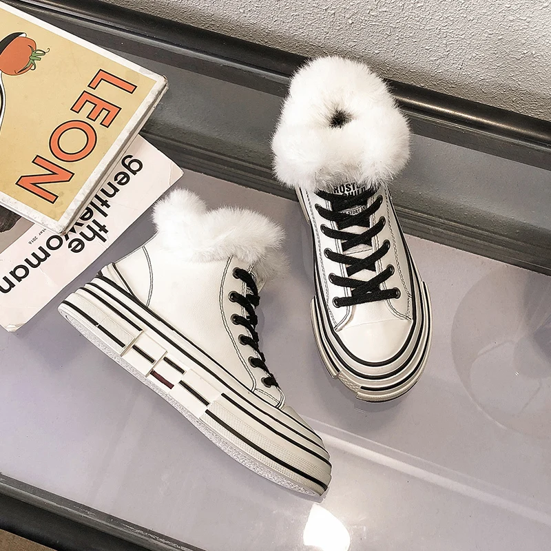 Shoes Woman Leather Winter Warm Plush Casual Vulcanized Lace-up chunky Platform Fur Ladies Increased Chunky Sneaker |