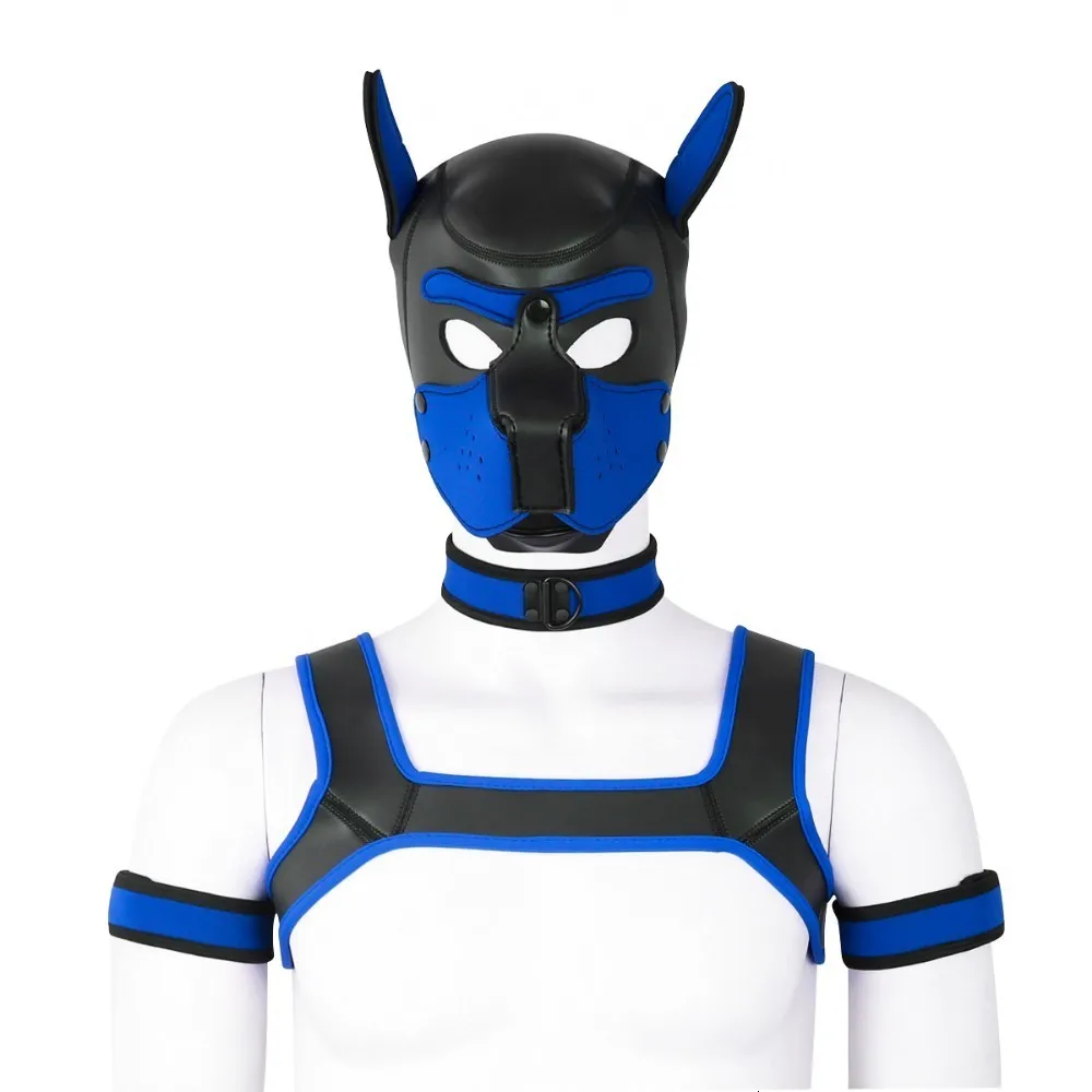 Синий Puppy Play Dog Bondage Hood Mask Collar Armband Cosplay Fantasy Harness Bondage Sexy Set Adult Games Slave Pup Role Play Couples - Цвет: Синий