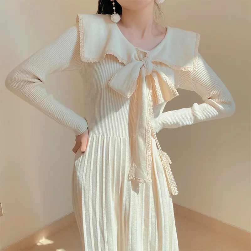 

Spring Sweet Bow Knitted Dress Women Elegant Fairy Sweater Dress Female Patchwork Kawaii Japanese Style Korean Dress Women 2021