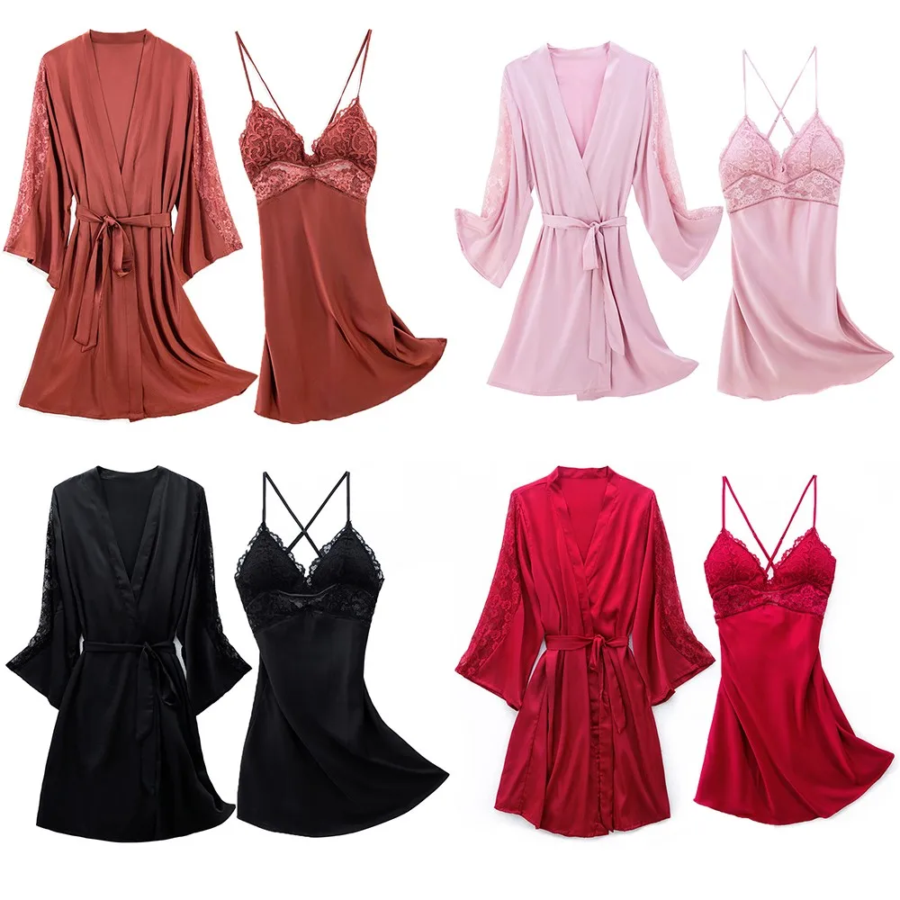 

Women Sexy Robe Set Sleepwear Faux Silk Kimono Gown Lacee Lingerie Nightdress Soft Perspective Bridal Wedding Gift