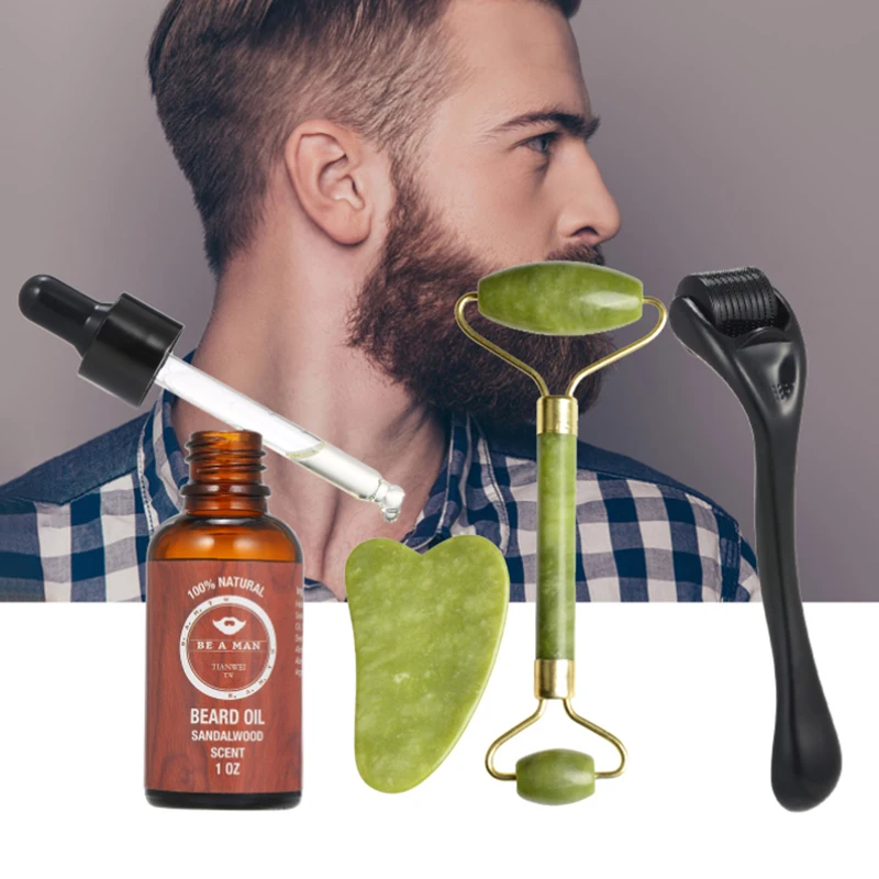 

High Quality 4 in 1 Derma Massager/ Jade Roller / Beard Oil Kit Man Gua Sha Facial Tool Set for Father Day