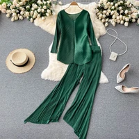 summer womens blue pleated pants set ladies two piece set long sleeve v neck top loose wide leg pants solid female outfit