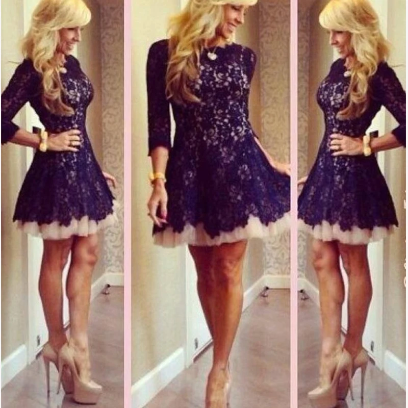 

cocktail kleider Sexy O Neck Three Quarter Sleeve navy blue Short Lace Party 2021 New Arrival Homecoming Dresses