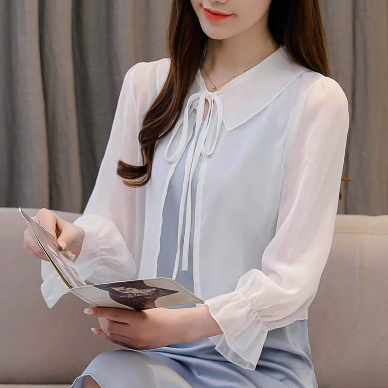 Повседневный Кардиган шифоновая рубашка с бантом и Расклешенным рукавом блузка