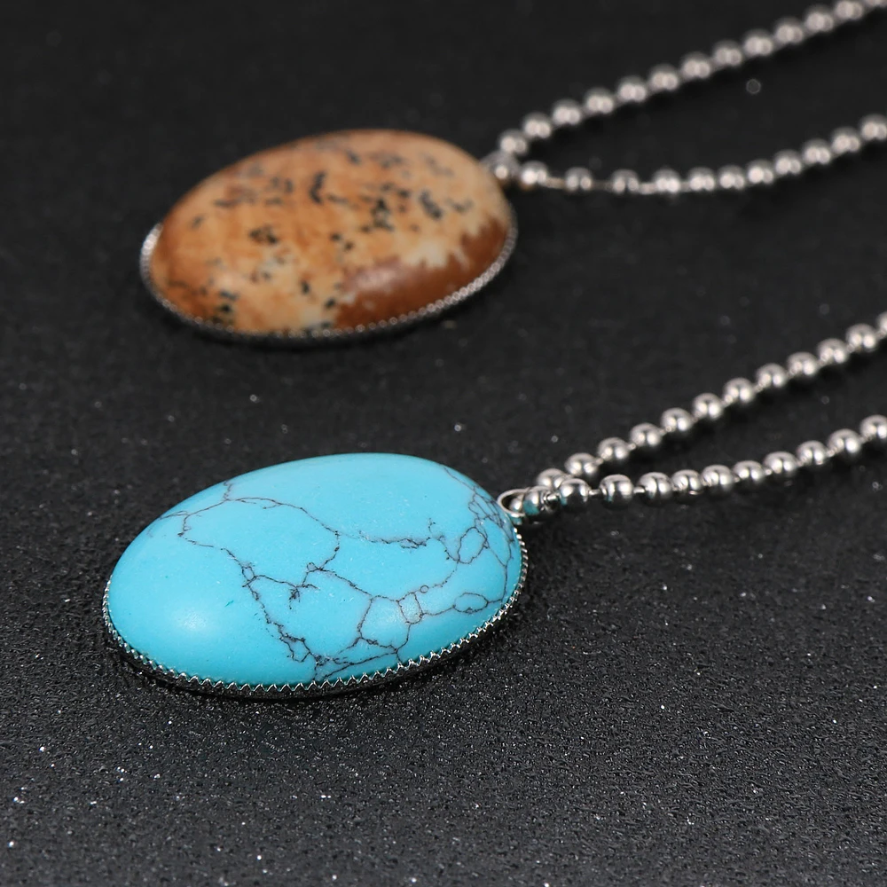 Женское и мужское ожерелье с подвеской из натурального камня овальной формы