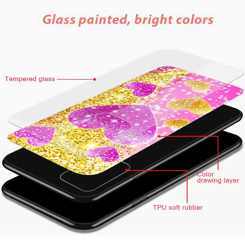

Tempered Glass Case For Samsung Galaxy A51 A71 A50 A70 A21s A31 A41 A30 A40 A10 A20 A11 Pink Glitter Love Heart Back Cover Coque