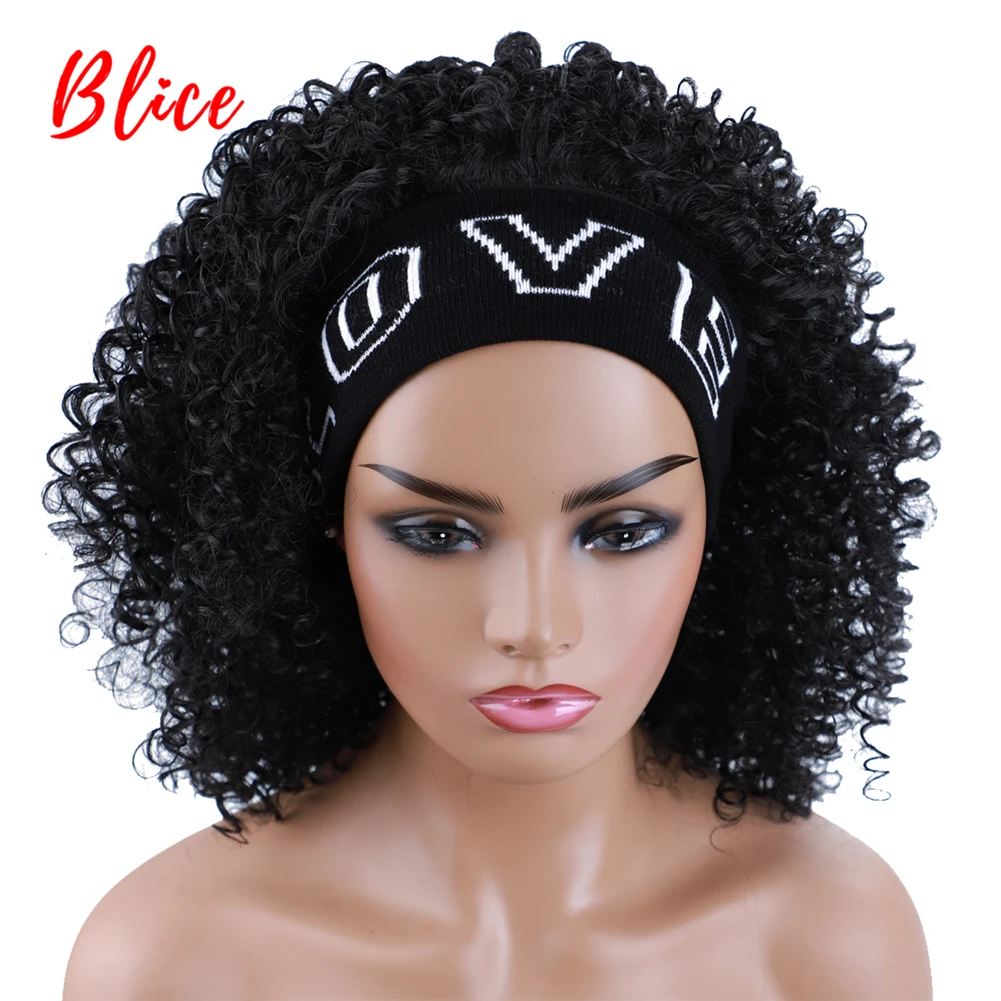 Blice Kinky Curly Headband Synthetic Hair Wigs 20 Inch For African American Women Natural Black Kanekalon Afro Full Daily  Wig