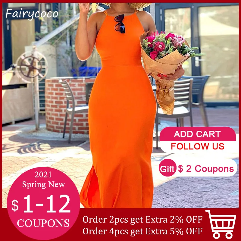 

Women Summer Dress Orange A-Line Cami Maxi Dresses Slim Fashion Office Ladies Long Vestidos Plus Size Sleeveless Party Banquet