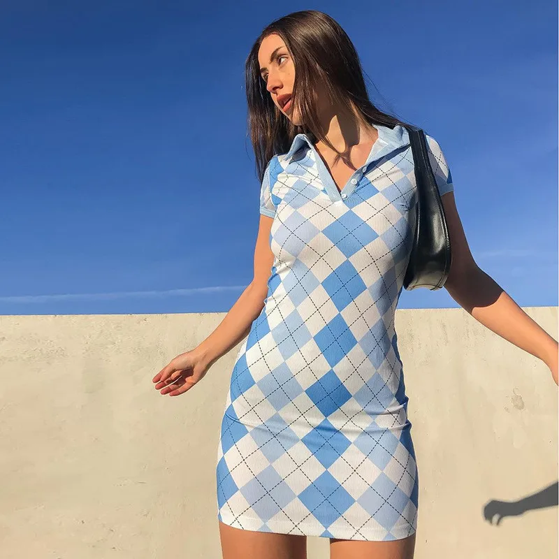 

2021 Summer New Women's Dress Fashion Diamond Lattice Lapel Short Sleeve Dress Bodycon Slim Student Mini Dress Female LR1718