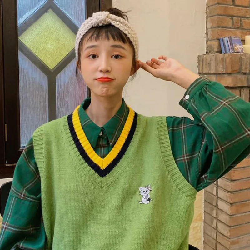 

Sweater Vest Women Classic College Style Ulzzang Cartoon Embroidery Teens Knitwear Trendy Harajuku Couples Sleeveless Sweaters