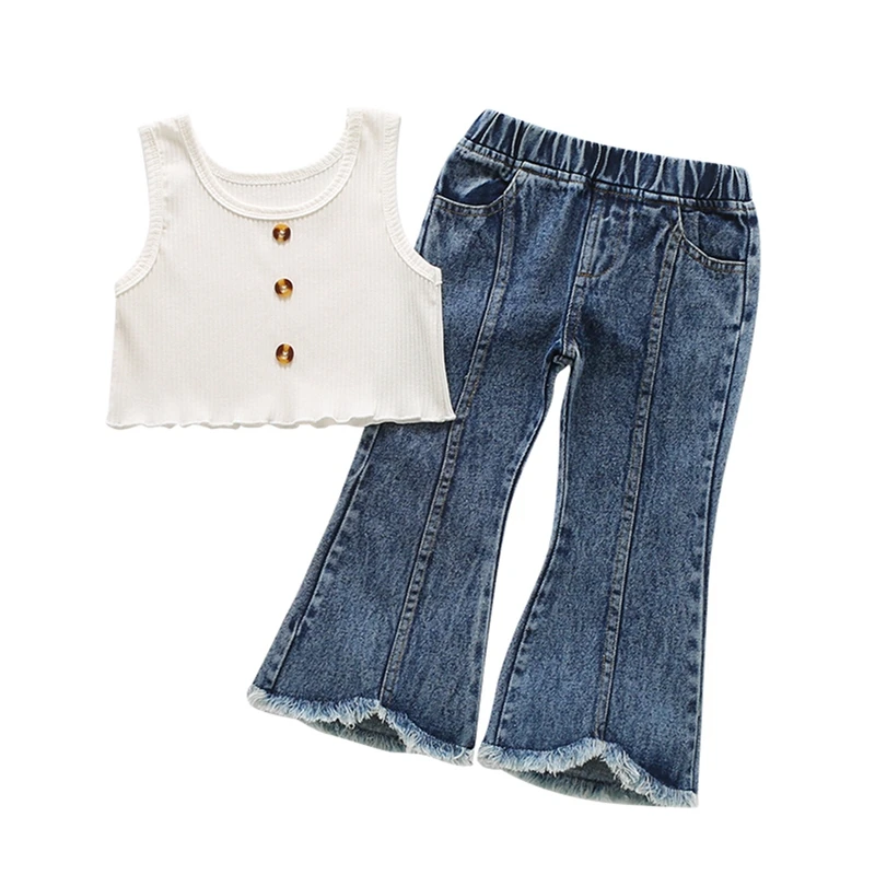 

2 Pcs Toddler Summer Outfits Baby Girl Solid Color Round Neck Button Tank Top + Frayed Hem Pocket Flared Jeans
