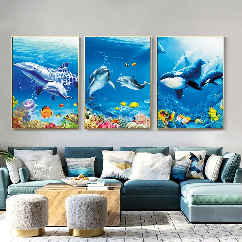 

Room living room decoration painting literary retro sofa background wall blue ocean fish art painting