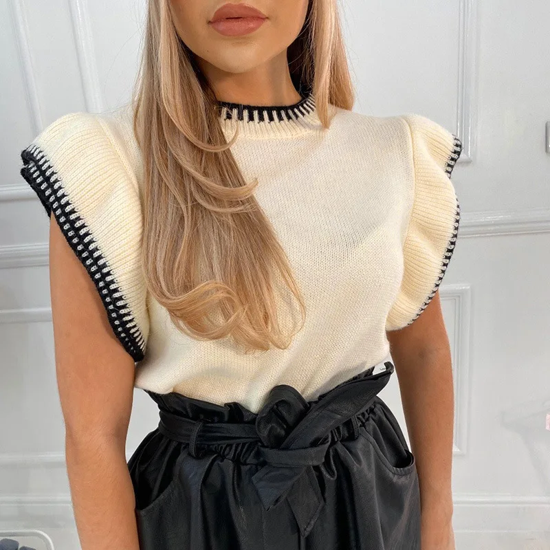 

2021 Summer European and American Fashion New Women's Woolen Pleated Vest Round Neck Slim Solid Color Sexy Woolen Vest Tshirt