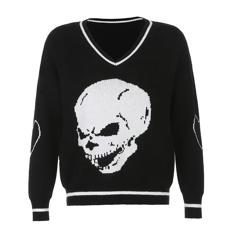 

autumn winter Korean fashion Long sleeve V-neck Female Sweaters Skull Graphic print pink blue Pullover Knitted women Sweater