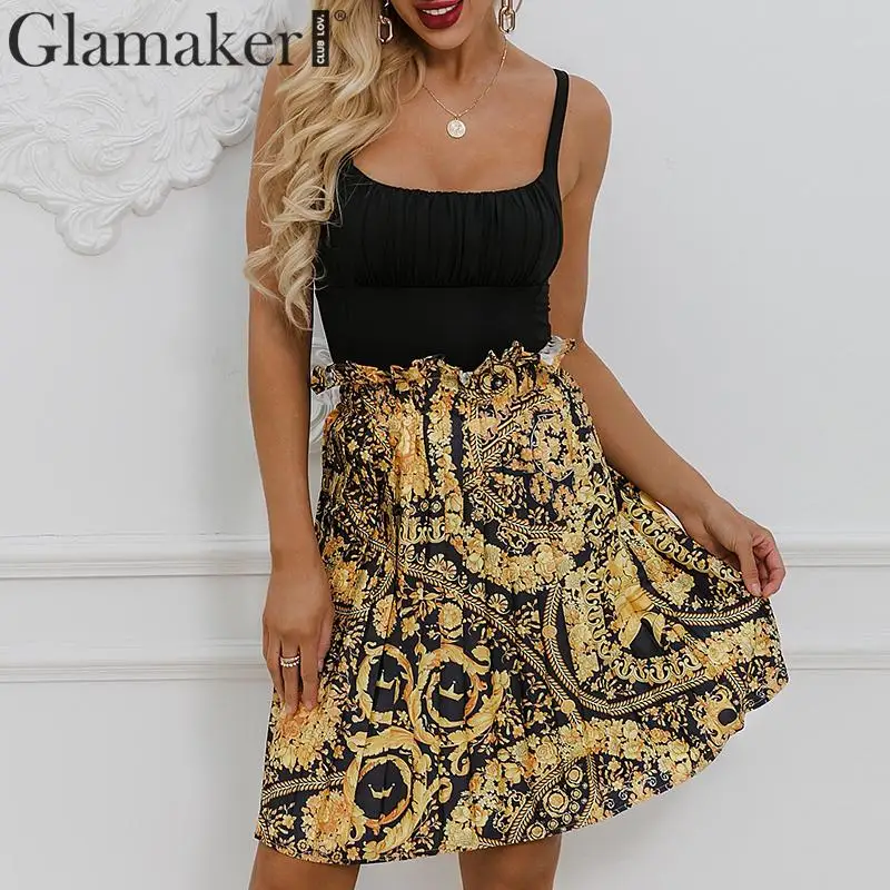 Женская винтажная юбка с высокой талией Glamaker золотистая офисная в этническом