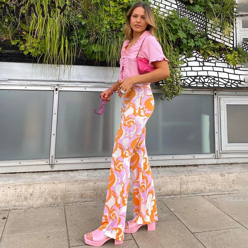

Akaily Summer Streetwear Floral Print Long Pants Women High Waist Skinny Wide Leg Pants Female Ladies Vintage Trousers 2021