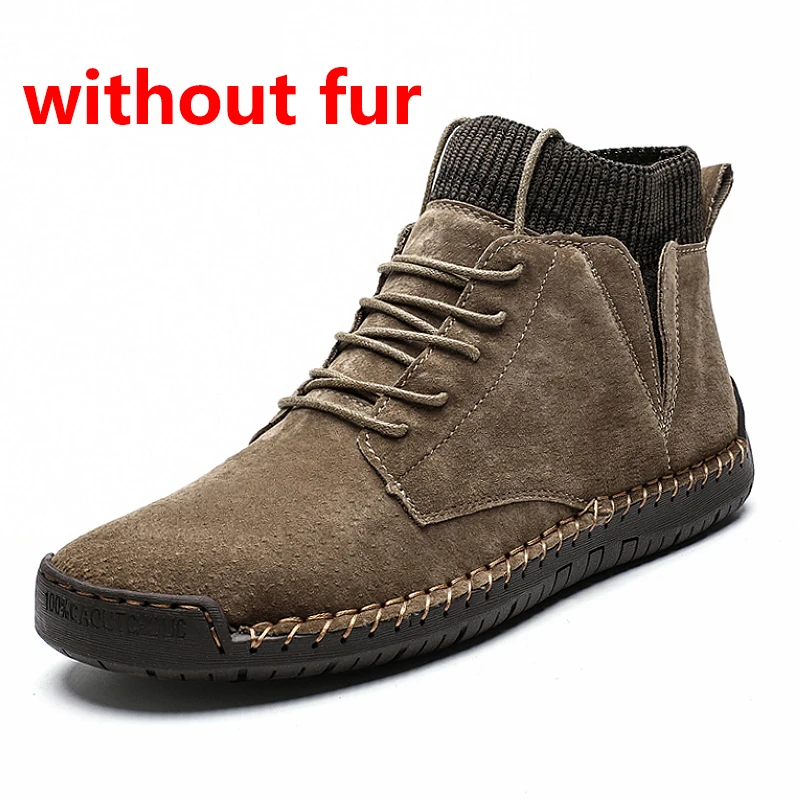 khaki without fur JINTOHO/мужские кожаные ботильоны большого размера; модная мужская обувь из натуральной кожи; Брендовые мужские ботинки; теплые зимние ботинки; зимние ботинки для работы - Цвет: khaki without fur