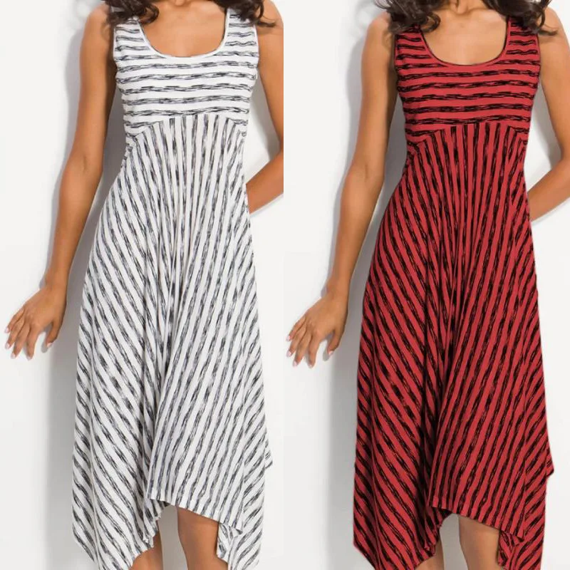 

2020 Fashion Women's Dresses Womens Striped Dress Sexy Plus Size Fat MM Ladies Square Neck Sleeveless Med-Calf Casual Skirt