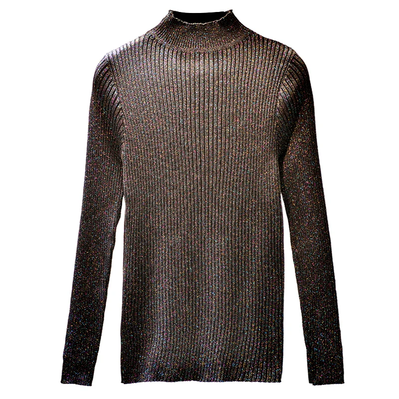 

Large Size Knitwear 2020 Spring Female Slim Bright Silk Knitted Sweater Solid Color Half High Collar Long Sleeve Pullover Jumper