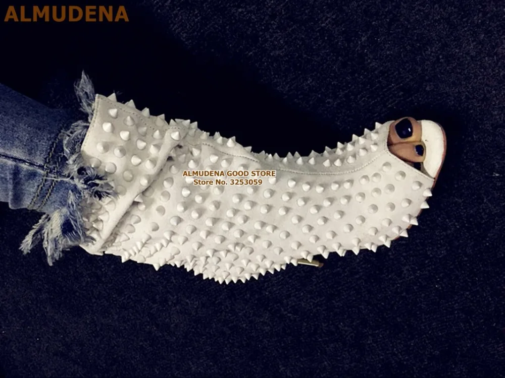ALMUDENA/ботильоны с открытым носком и заклепками модельные туфли-лодочки на тонком высоком каблуке, красного, черного цвета, с металлическими шипами свободные короткие ботинки обувь гладиаторы