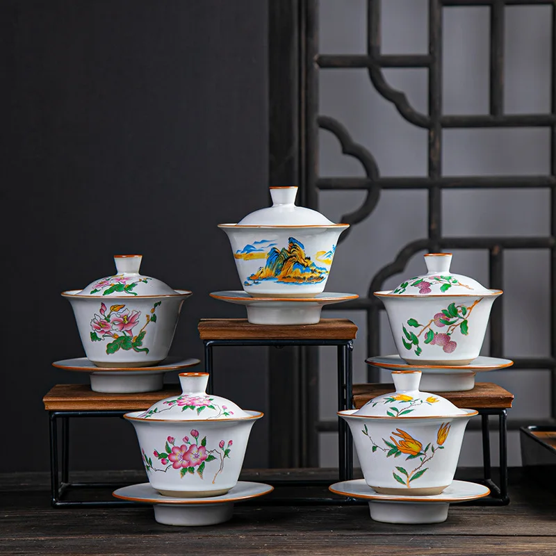 

Traditional Handmade Tea Brew Retro Sancai Gaiwan Chinese Kung Fu Teaware 150ml Lid Bowl Saucer Classical Ceramic Teaset Tureen