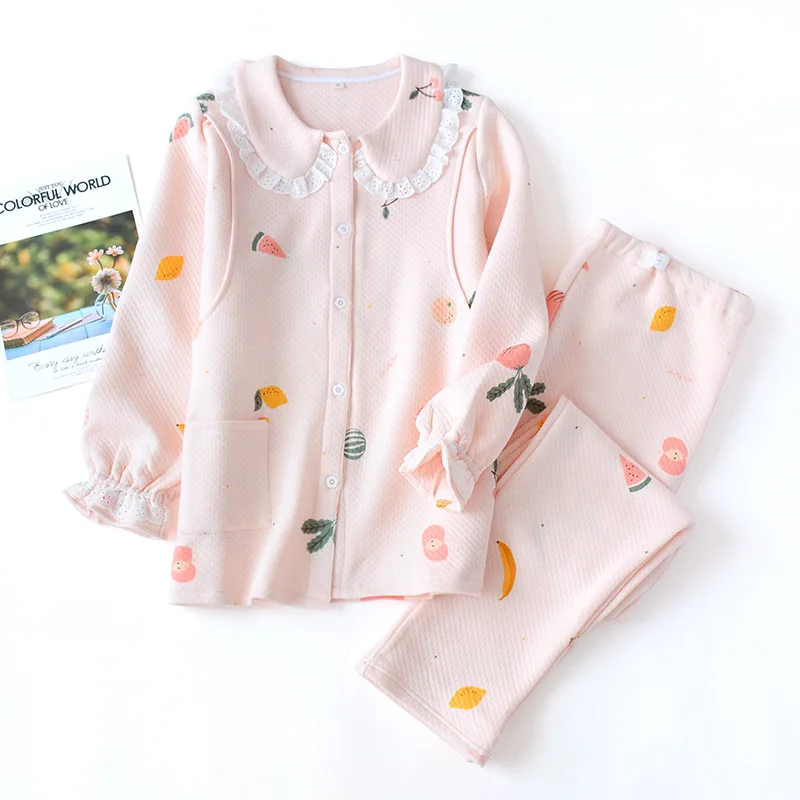 

Lady Cotton Print Carton 2pcs Sleepwear Elastic Waist Pajamas Set Shirt&pants Sleep Suit Lace Doll Collar Home Clothes Nightwear
