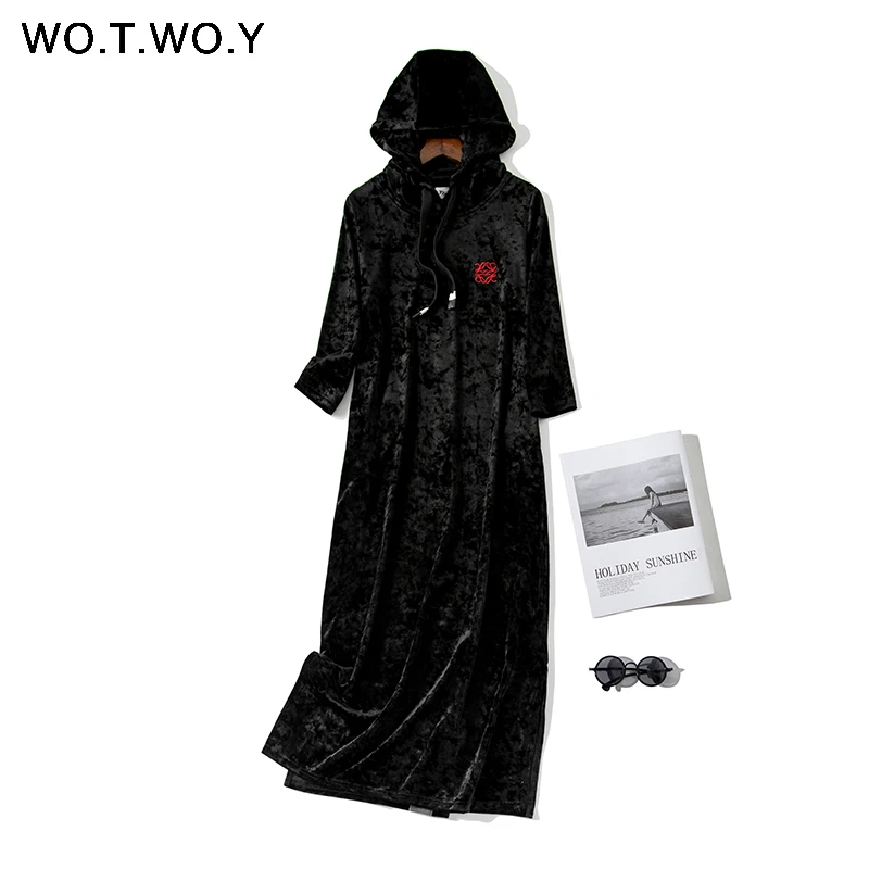 8251Black WOTWOY осеннее бархатное женское Макси-Платье с цветочной вышивкой и лентой, коллекция, уличная одежда, плотные женские толстовки с капюшоном, одежда для женщин - Color: 8251Black