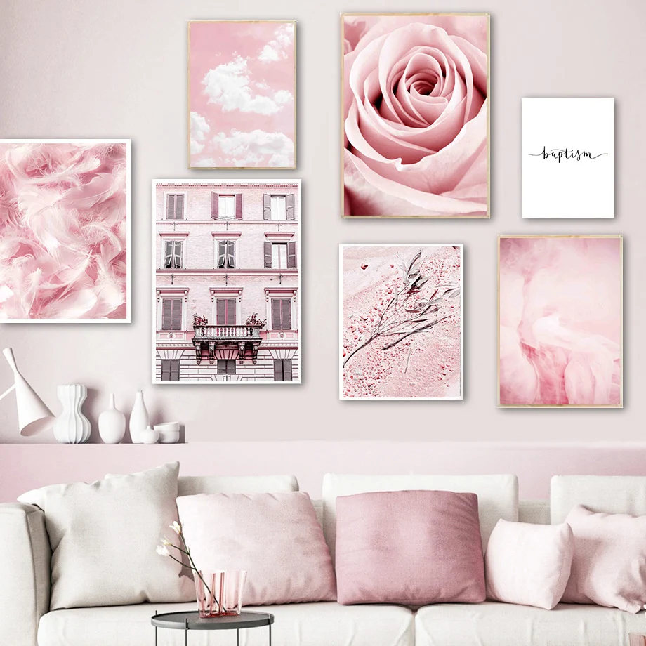 

Pink Rose Flower Cloud Sky Leaf Feather Wall Art Canvas Painting Nordic Posters And Prints Wall Home Decoration Pictures