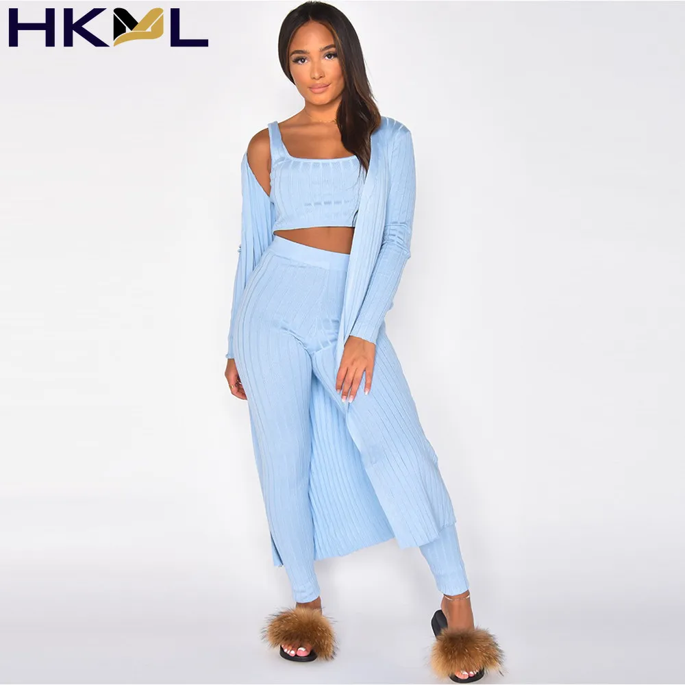 

Spring Autumn Women 3 Piece Set full Sleeve Extra-long Cardigan & Knitted Stretchy Tank Crop Top & Pencil Legging Pant Suit