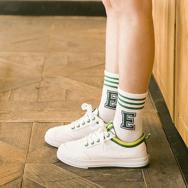 Women Solid Letter Embroidery Cotton Sock Girls Striped Cuff Embroidered Spring Summer Ankle Socks Short White Sport Sock 10pair