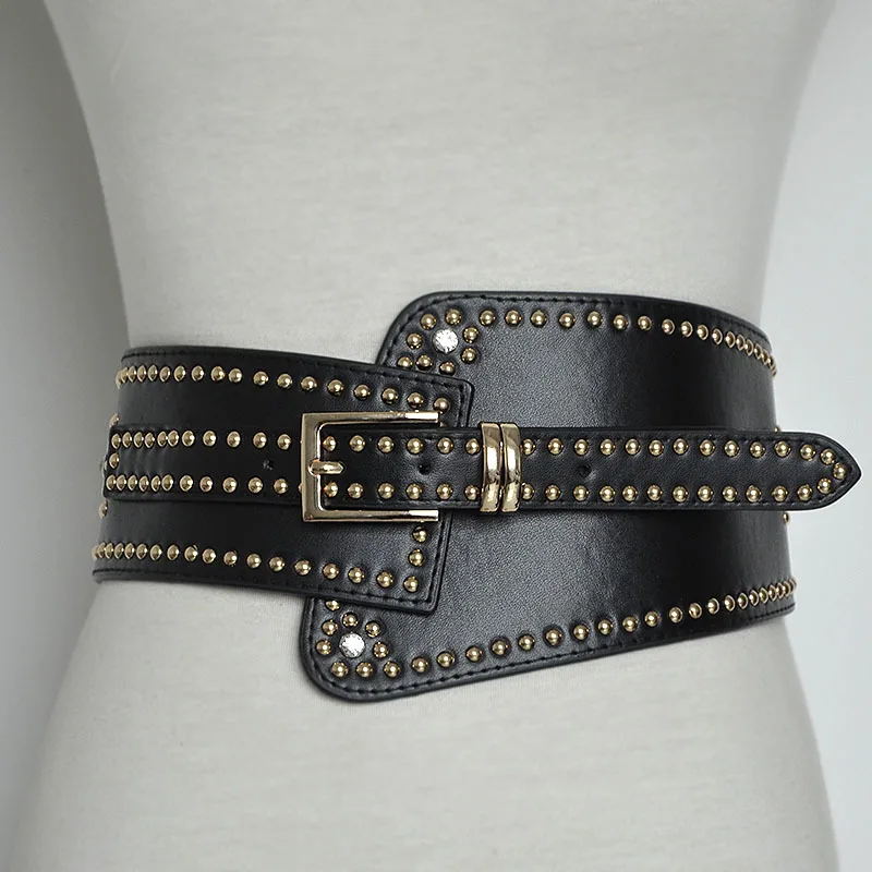 

Top Quality Women Wide PU Leather Studded Belt Luxury Ladies Wide Waist Seal Belt Fashion Wild Pin buckle Women's Belt