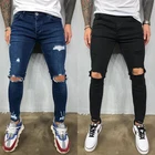 Мужские Стрейчевые рваные джинсы, черные, синие облегающие брюки до колена, однотонные брюки в стиле Хай-стрит, брюки для бега