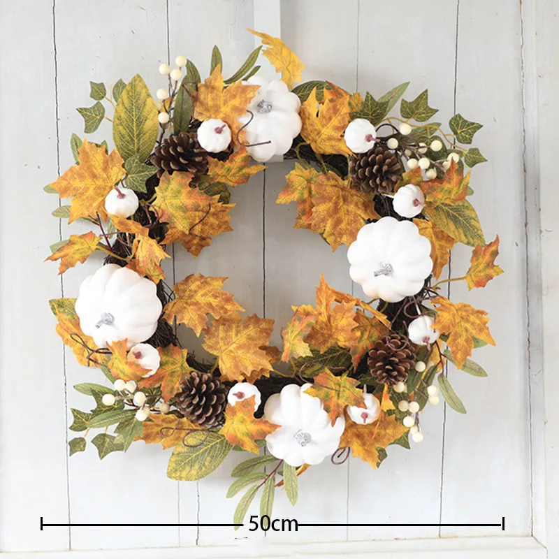 

Осенний венок на Хэллоуин с кленовыми листьями и тыквой, Настенный декор для двери на Рождество, фестиваль, День благодарения, украшение для...