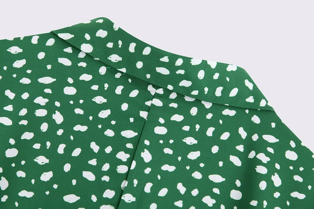 Trendy ZA Green White Dot Print Long Dress Women Boho Turn-Down Collor Belt Split Hem Design Charm Elegant Autumn Style Dress