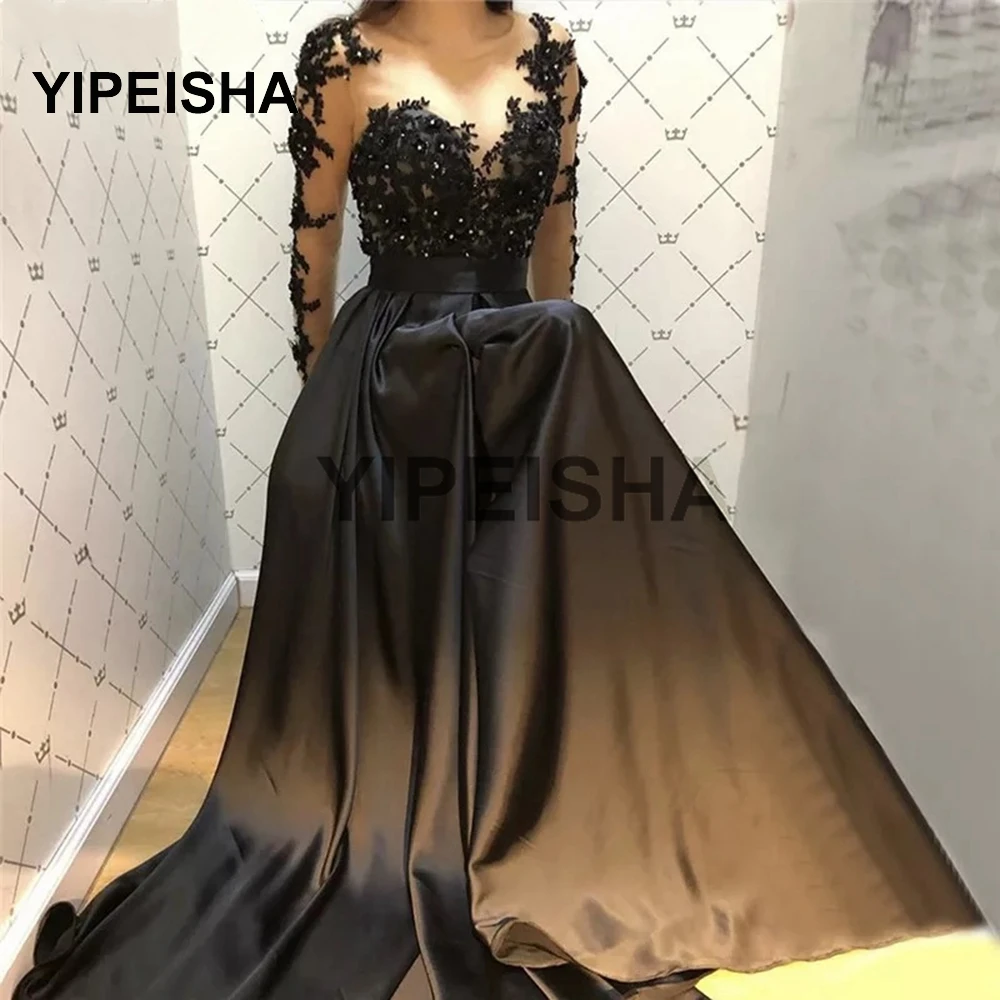 

2021 Black Long Sleeve Evening Dresses O-Neck Lace Appliques Sequins Satin Formal Elegant Party Prom Gown A-Line Sweep Train