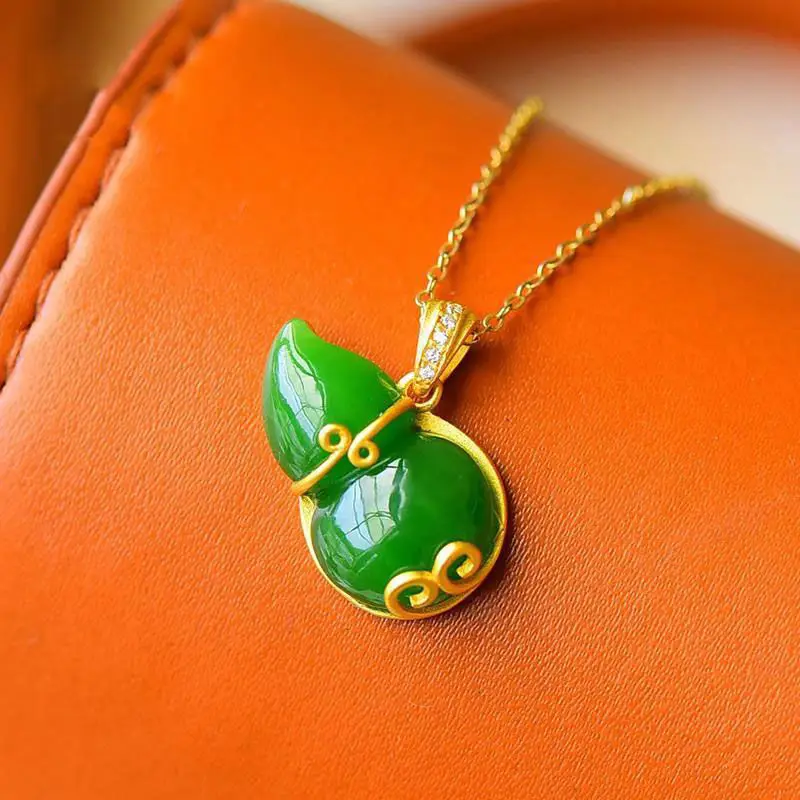 

Natural Hetian jasper gourd pendant necklace Chinese style retro unique designer craft charm women's silver jewelry