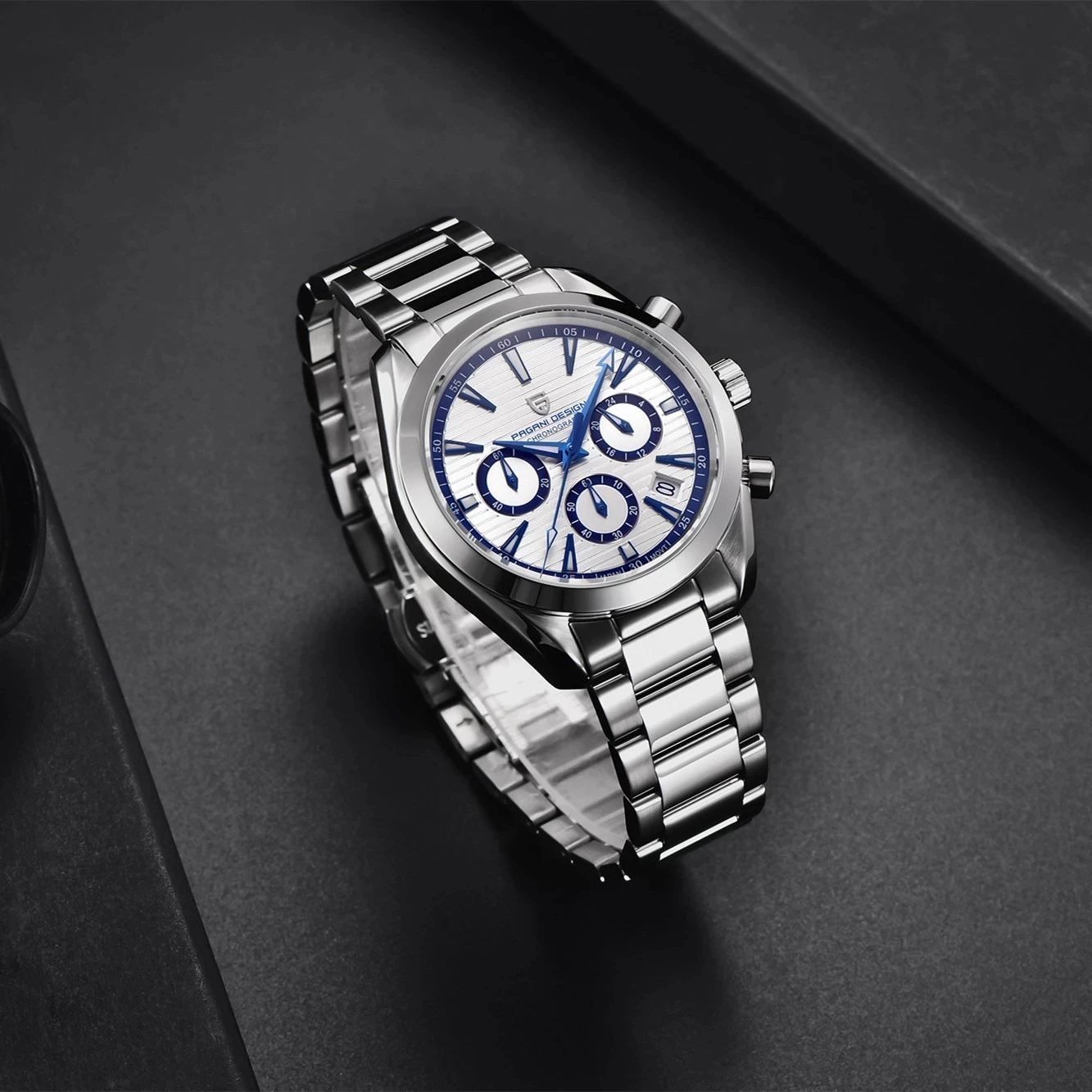 Цена PAGANI дизайнерские новые кварцевые мужские часы из нержавеющей стали, роскошные сапфировое стекло, хронограф, секундомер 100 м, водонепроницае...