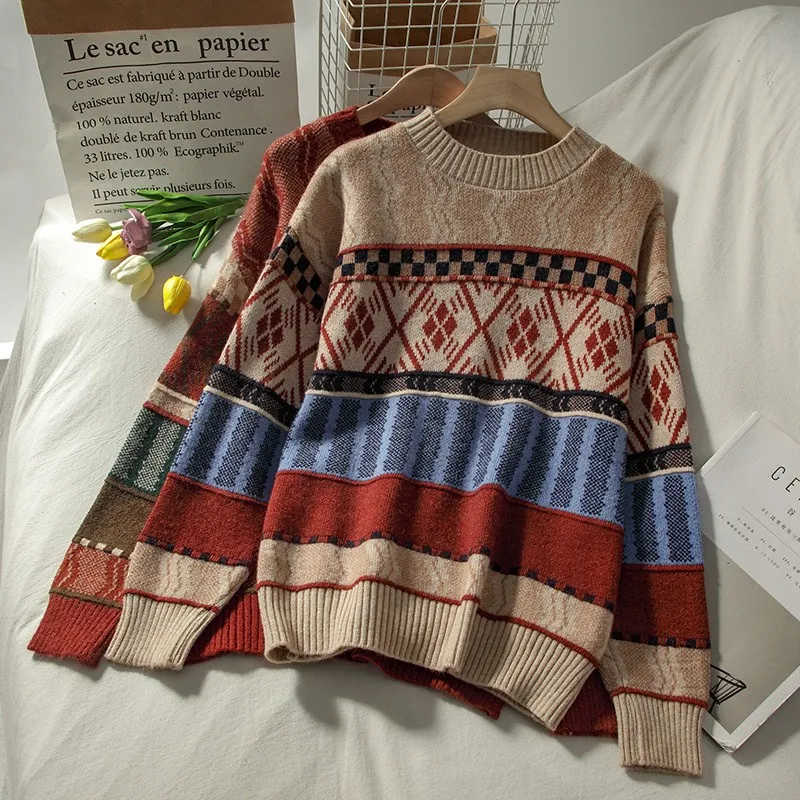 

Japanese retro jacquard all-match round neck sweater women loose lazy Christmas knitted tops knitwear