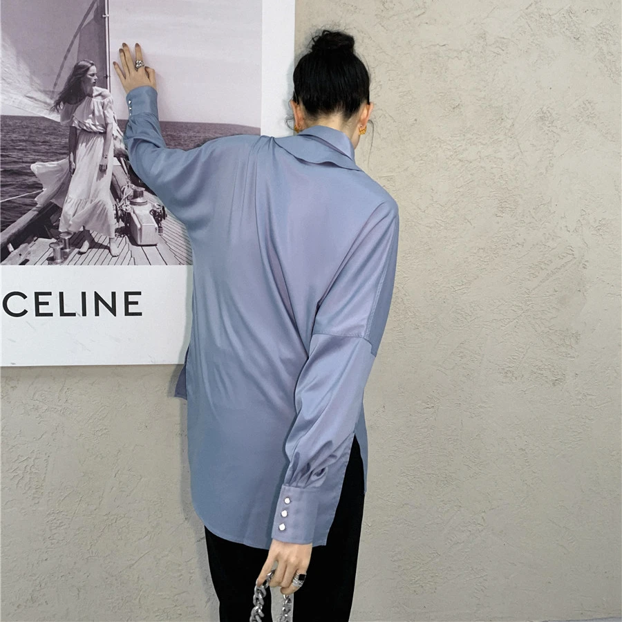 

Kimotimo Fashion Shirts Women Spring New Loose Long Sleeve Design Tops Turn-down Collar Office Lady Blouse Vintage All-match