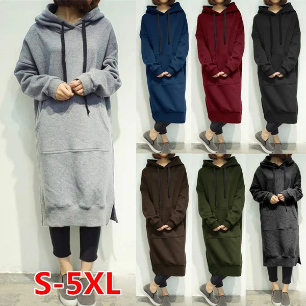

Women Long Hoodies Autumn Winter Loose Hooded Sweatshirts Casual Oversized Sweatshirt Baggy Pullovers Dress 7 Colors Plus Size