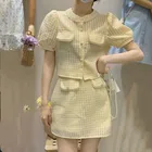Элегантное летнее платье сладкий, круглый вырез, короткий рукав, однобортное пальто из двух частей комплект для женщин жемчуг рубашка и высокой талией Мини-юбка, костюмы