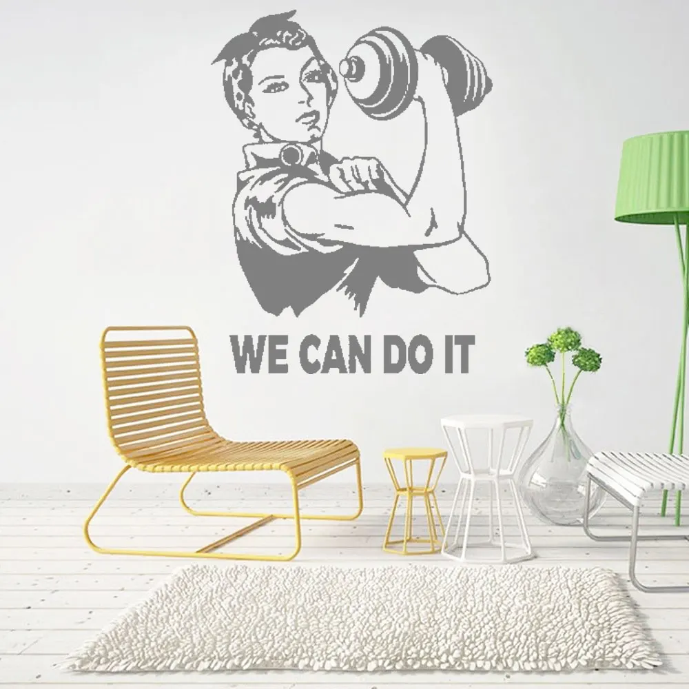 

Woman Lifting Weights Sports Vinyl Sticker GYM Fitness Removable Murals Motivation Words We Can Do It Decal DW12040