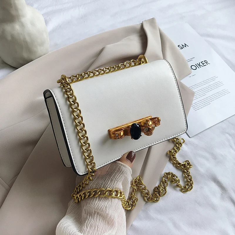 

Punk Skull Chain Clutch Women Bags 2021 New Crystal Diamond Drilled Cranial Head Ring Fashion Handbag White Leather Shoulder Bag
