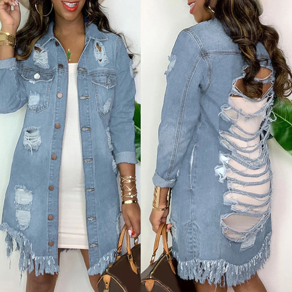 Женская рваная джинсовая куртка модный однобортный Топ с дырками Повседневная