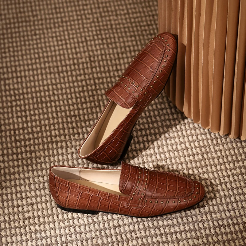 

Meotina Cow Leather Flats Loafers Shoes Real Leather Flats Casual Shoes Women Round Toe Ladies Footwear Slip On Shoes Brown 40