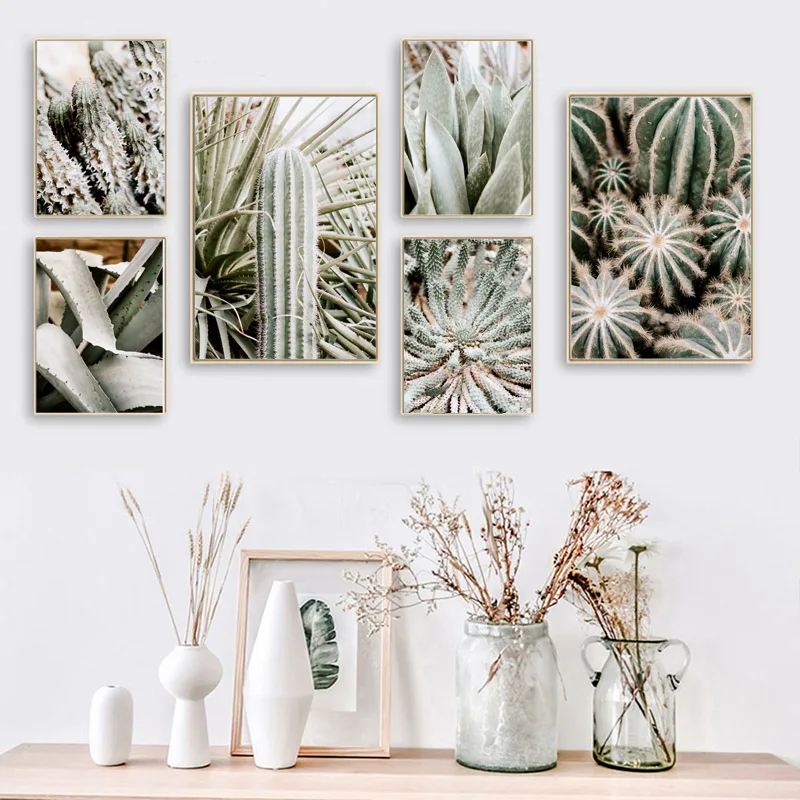 Настенное художественное изображение с зеленым растением тропический кактус