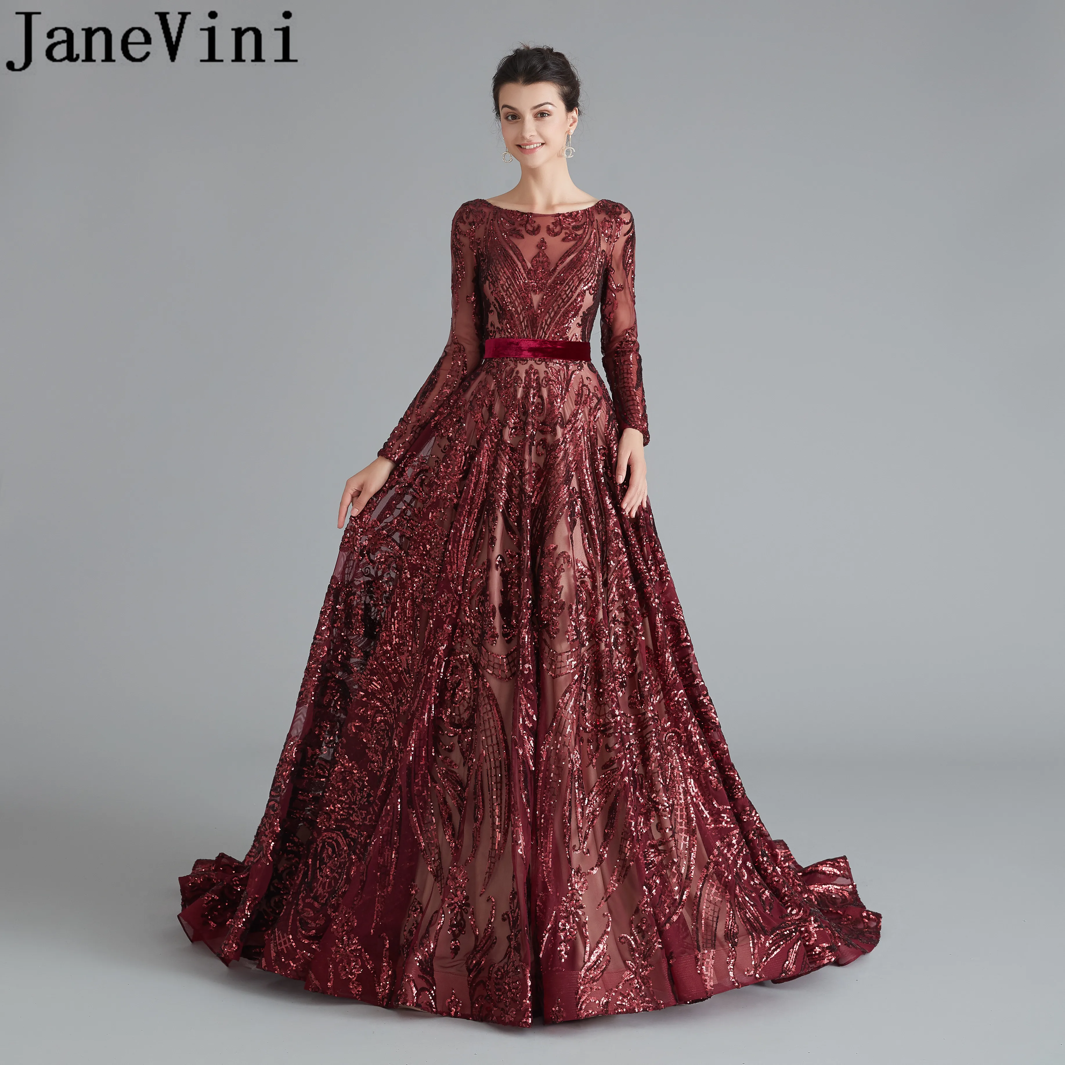 

JaneVini Dubai Wine Red Long Evening Dresses 2019 Muslim Long Sleeves Burgundy Sequin Gown Sweep Train Arabic Party Formal Dress