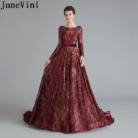 janevini dubai wine red long evening dresses 2019 muslim long sleeves burgundy sequin gown sweep train arabic party formal dress