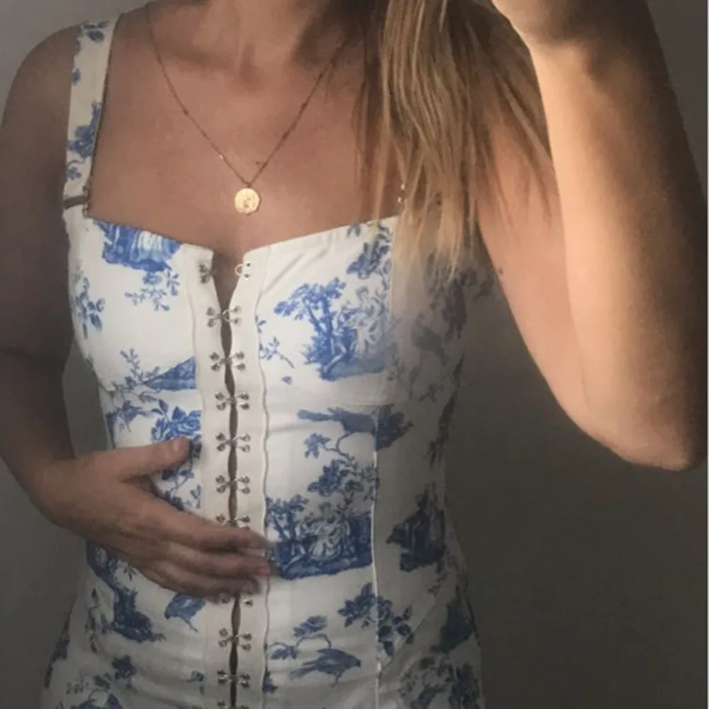 Винтажное шикарное сине белое платье с фарфоровым принтом пикантное элегантное